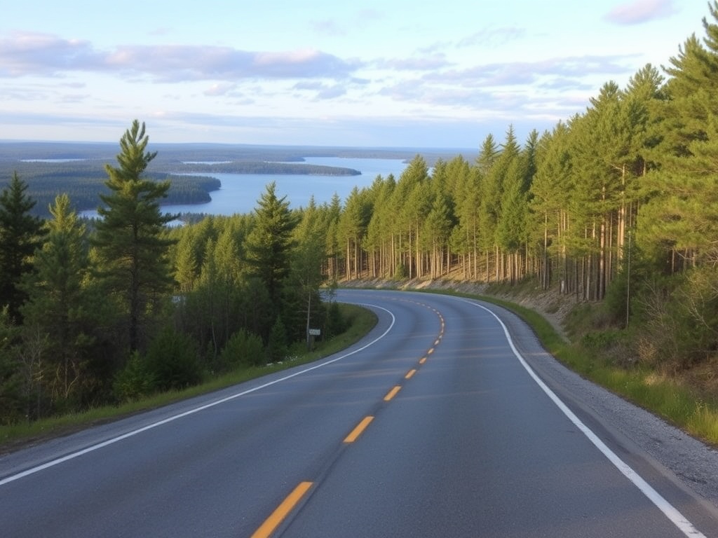 winding forest road Muskoka Ontario pine trees lakes scenic drive empty road