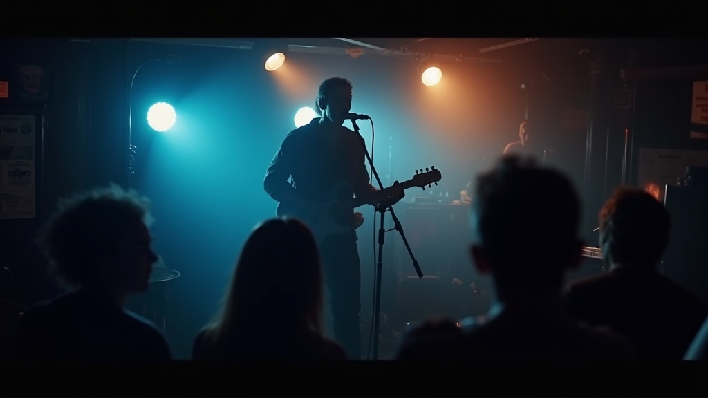 Musician performing on dimly lit Northern Ontario club stage