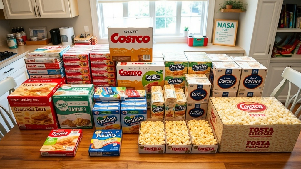 A bulk haul of Costco snacks including granola bars, apple juice boxes, string cheese, and a large box of popcorn on a kitchen table