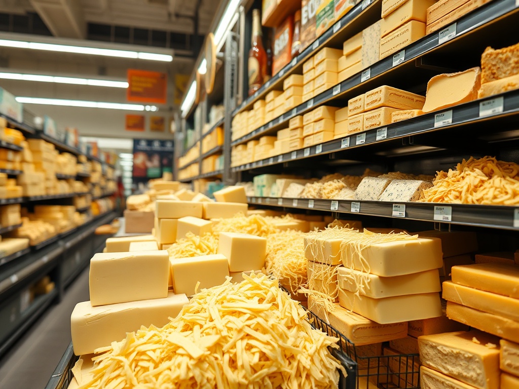 blocks and shredded cheese in grocery dairy section, bright lighting, variety of cheeses
