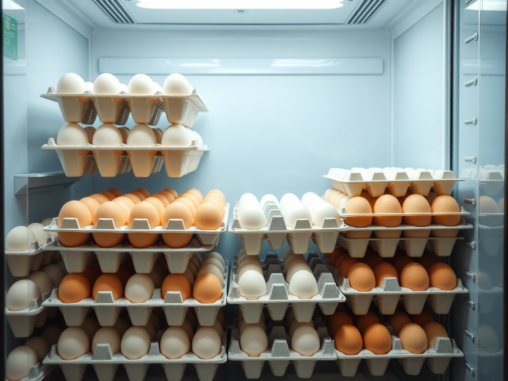 cartons of eggs stacked in grocery refrigerator, clean bright lighting