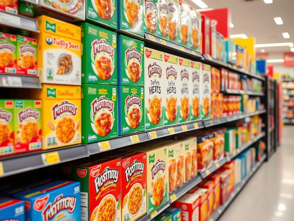 cereal boxes stacked on grocery shelves, bright colorful packaging, supermarket aisle