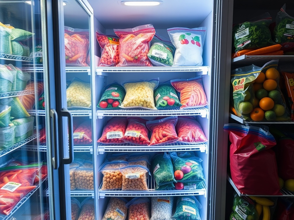 freezer aisle filled with frozen vegetables bags, colorful packaging, frosty glass doors