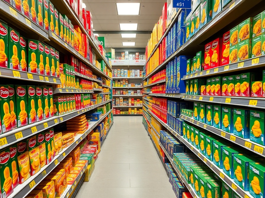 grocery aisle with shelves full of pasta boxes, colorful packaging, neatly stocked shelves