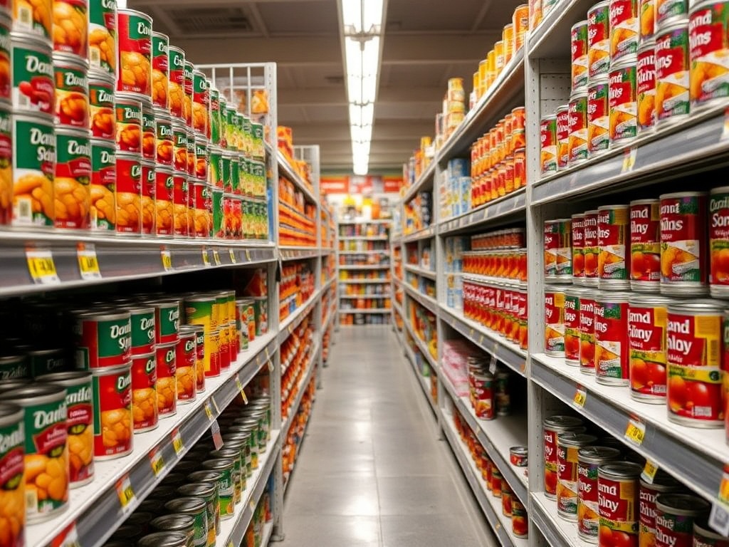 grocery shelves stocked with canned beans tomatoes and soup, organized rows, bright lighting