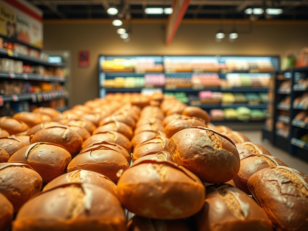 loaves of bread in grocery bakery section, soft lighting, fresh bread display