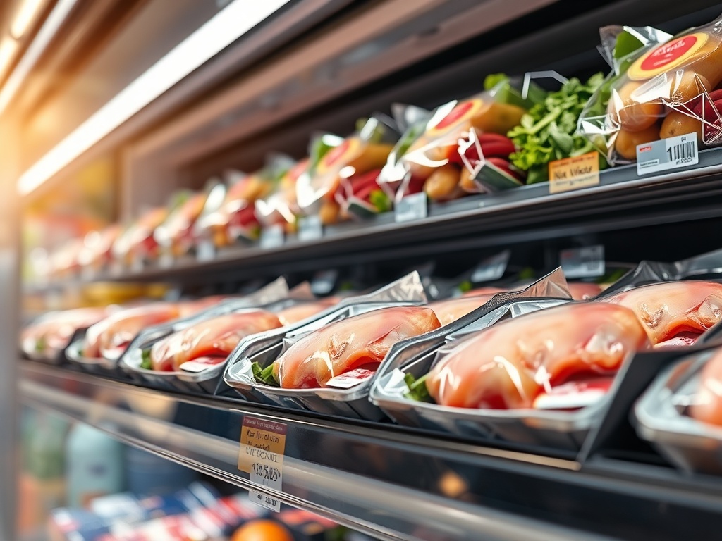 raw chicken thighs in grocery store packaging on refrigerated shelf, bright store lighting, realistic scene