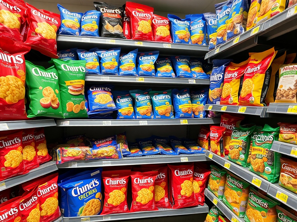 snack aisle with chips, crackers, granola bars on shelves, colorful packaging
