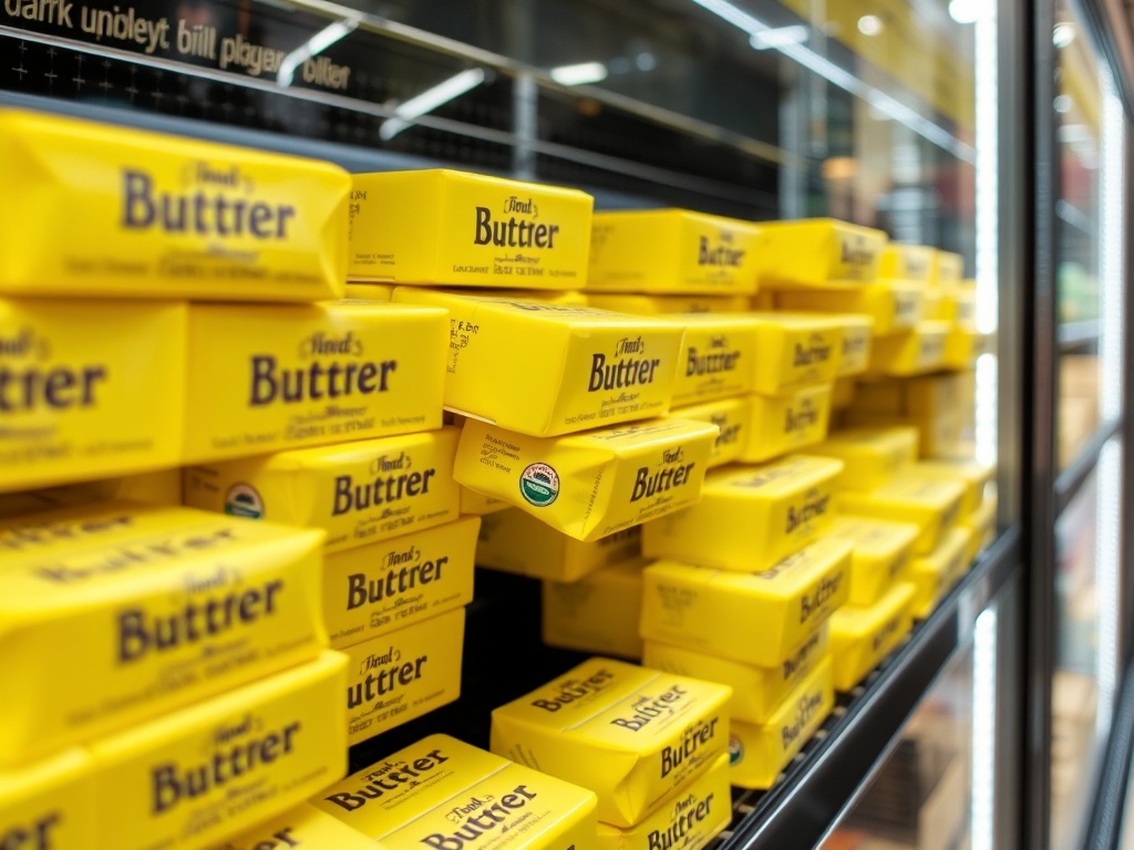 sticks of butter in grocery dairy section, yellow packaging, refrigerated shelf