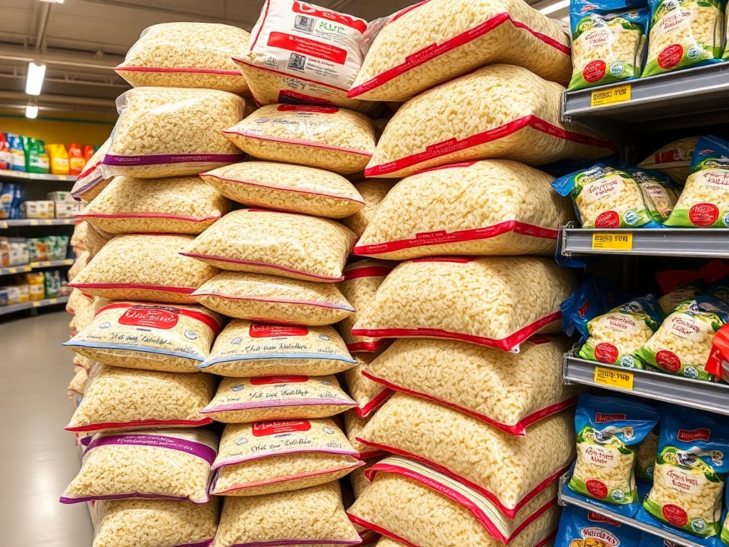 bags of shredded cheese stacked in a grocery store dairy aisle, colorful packaging, well-lit shelves