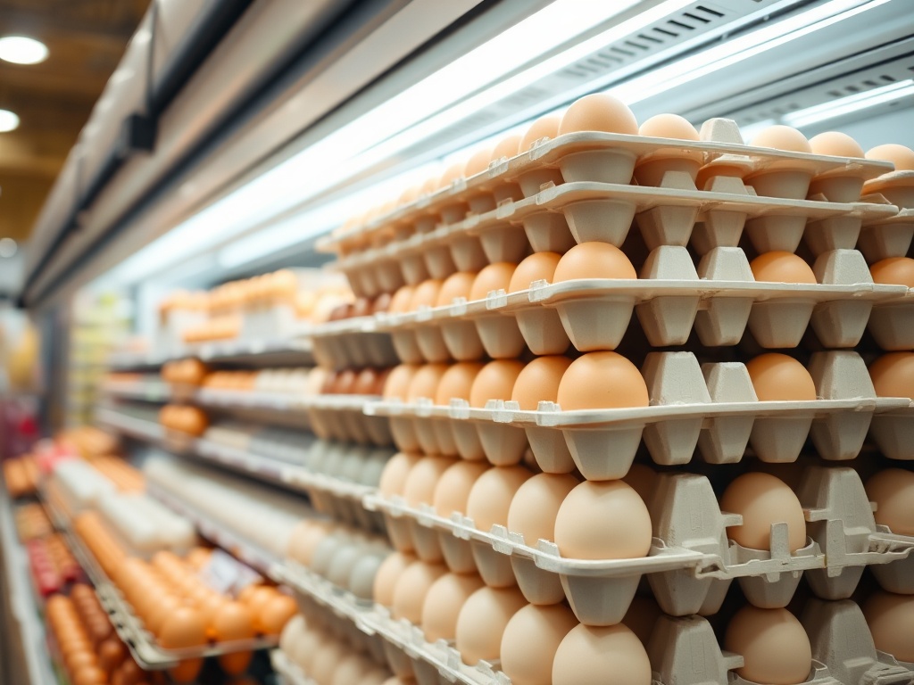 cartons of eggs stacked in a grocery store refrigerator section, bright clean lighting