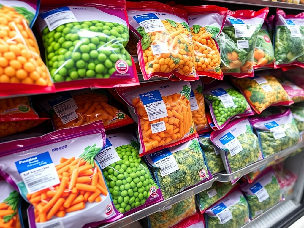 frozen vegetable bags in a grocery freezer aisle, colorful peas carrots broccoli packaging