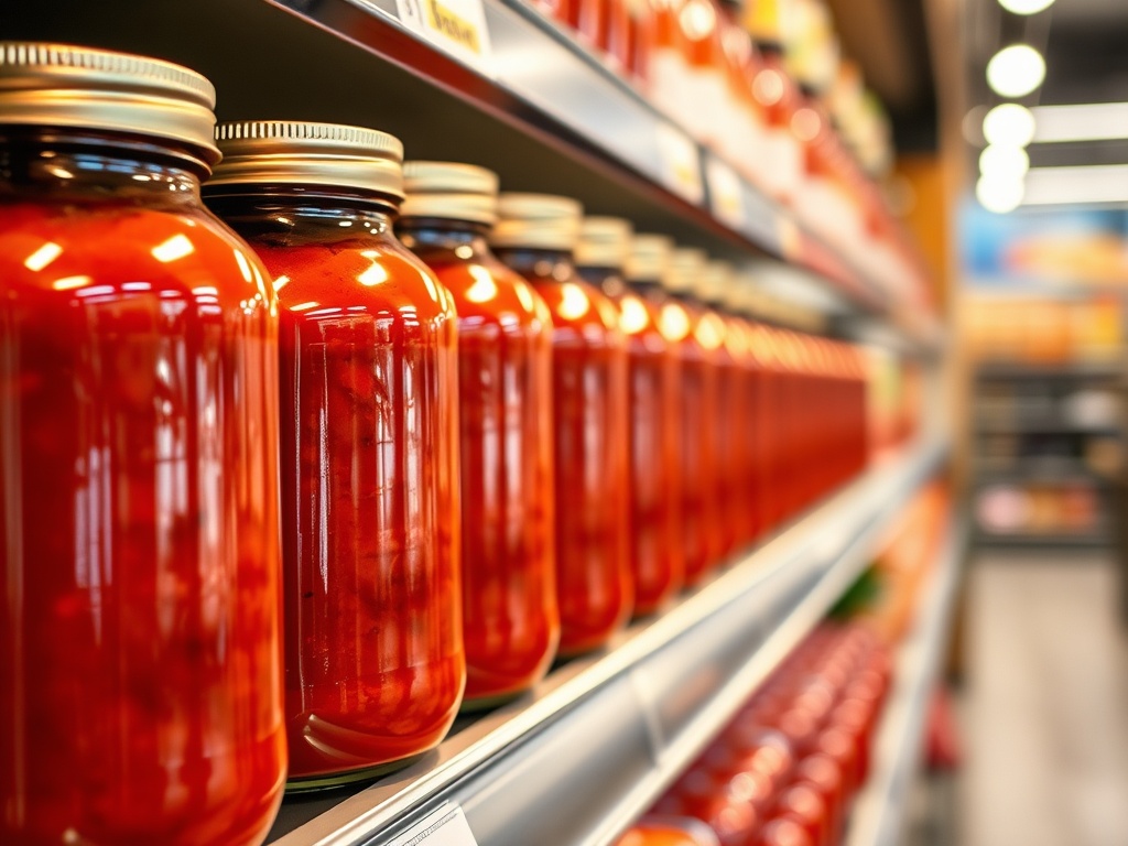 glass jars of pasta sauce lined up on grocery shelves, rich red sauce visible, warm lighting