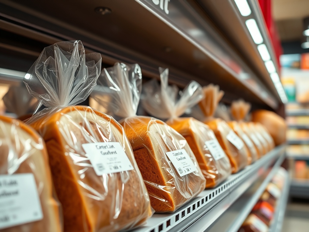 loaves of sliced bread in grocery store bakery section, soft lighting, fresh packaging