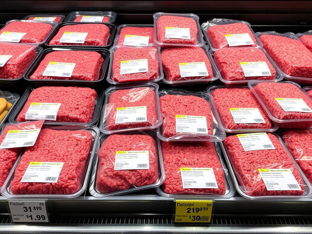packages of ground meat in grocery store meat case, labeled pricing, clean presentation