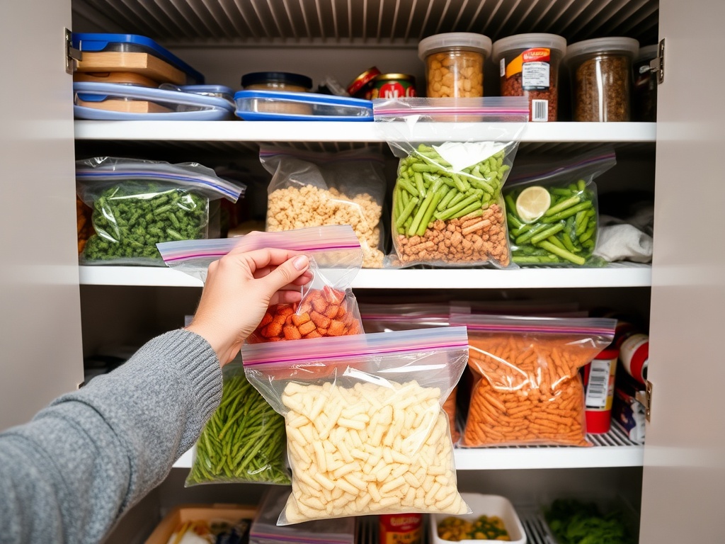 person organizing groceries at home with freezer bags and pantry shelves, neat and practical setup