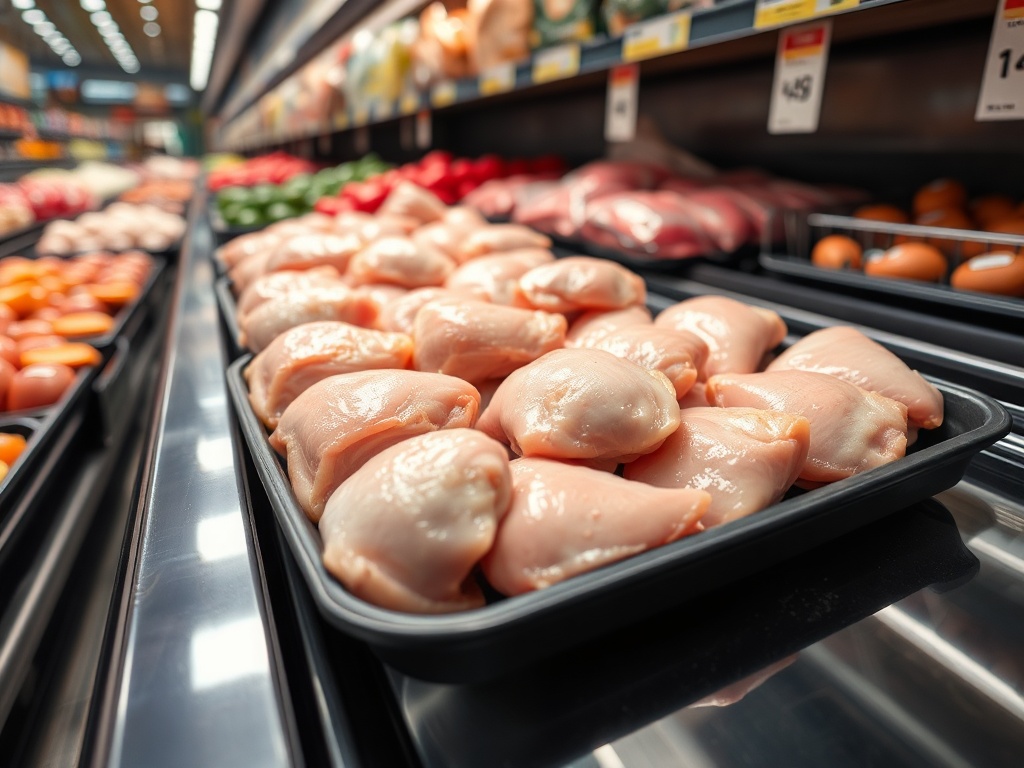 raw chicken thighs neatly arranged on a tray in a grocery store refrigerated section, bright lighting, realistic food display