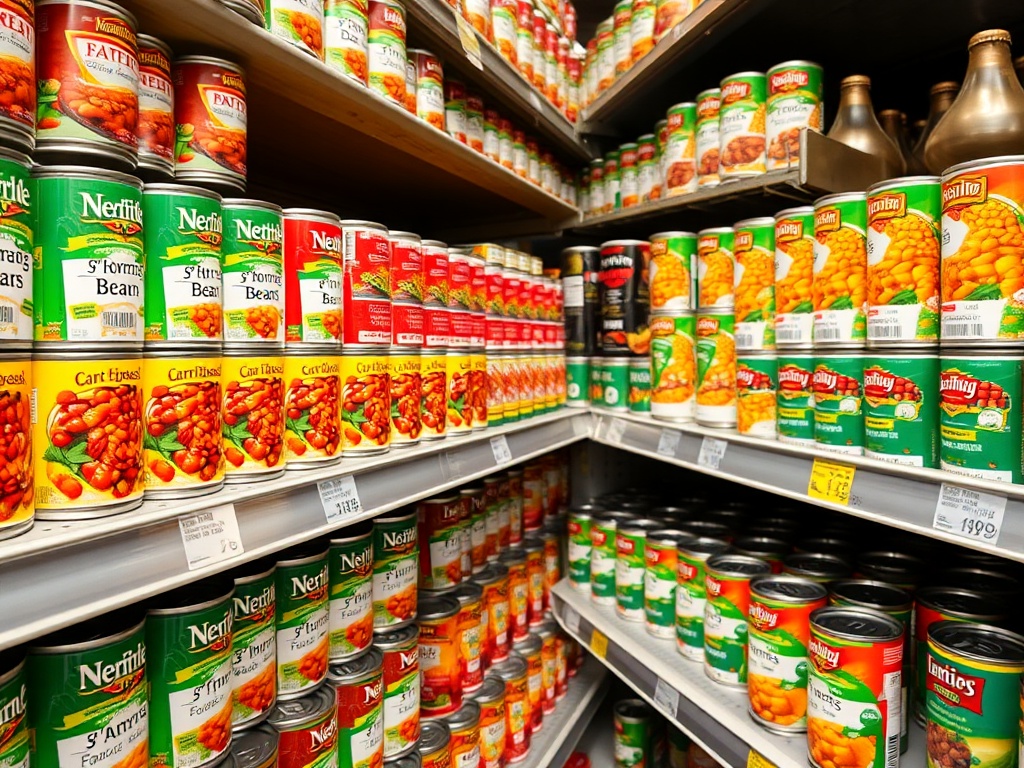 rows of canned beans on grocery shelves, labels facing forward, organized display