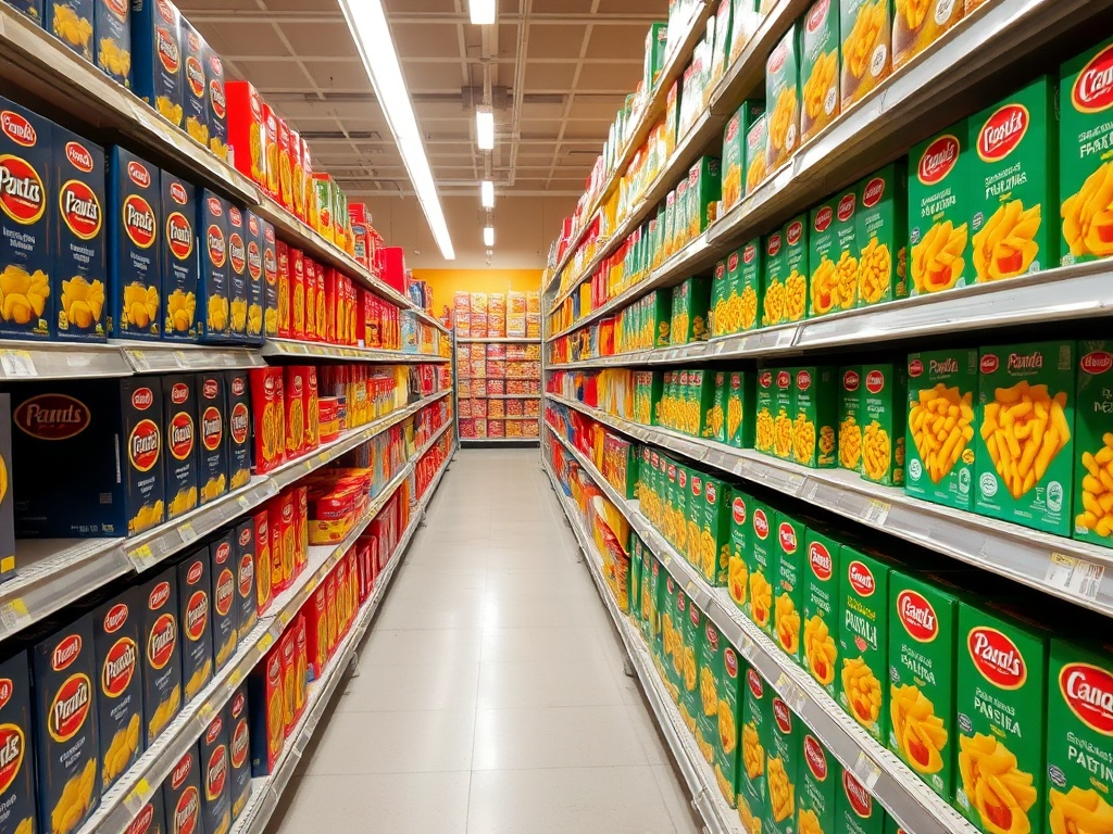 rows of pasta boxes in a grocery store aisle, different shapes like spaghetti and penne, bright organized shelves
