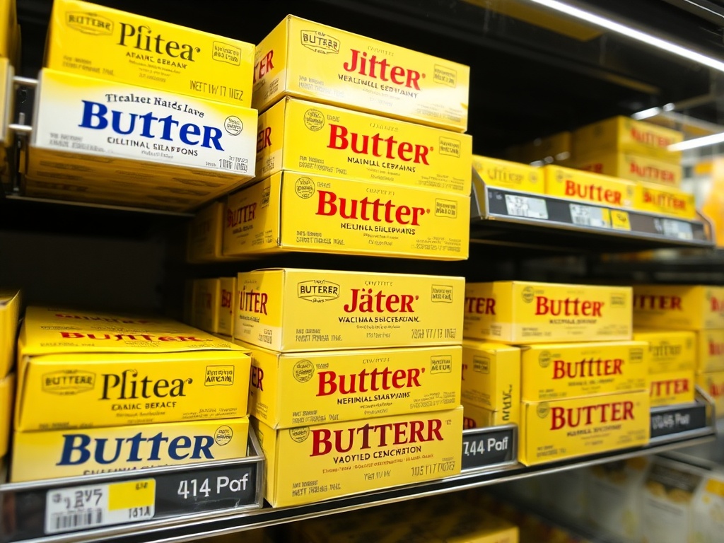 sticks of butter in boxes displayed in grocery dairy aisle, yellow tones, refrigerated shelf