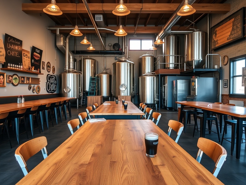 craft brewery interior with wooden tables, beer flights and casual atmosphere in Guelph