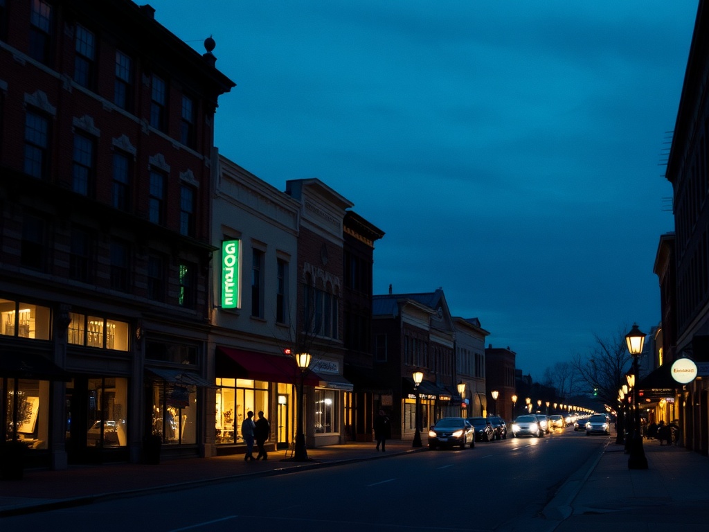 downtown Guelph at night with lit streets, storefronts and quiet atmosphere
