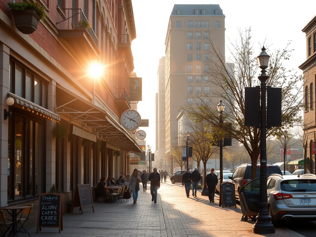 downtown Guelph morning street with cozy cafes, pedestrians, and soft sunlight