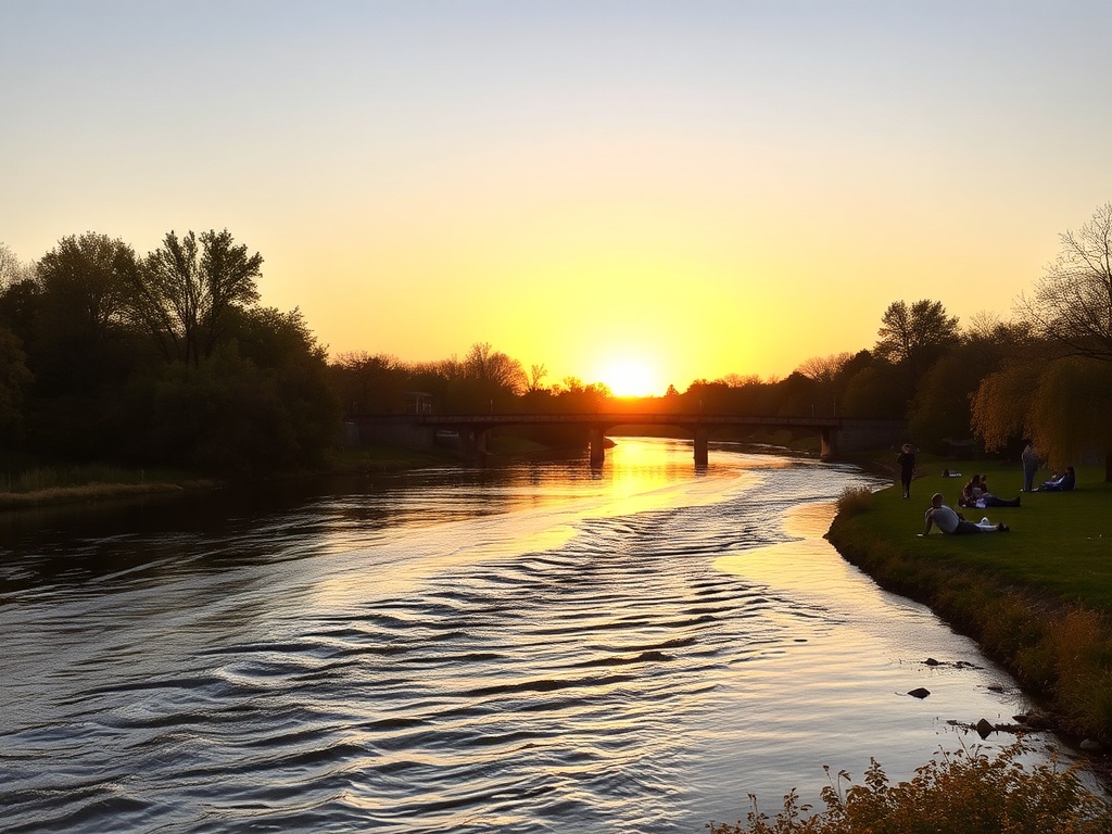 Speed River calm water with people relaxing on grass during golden hour in Guelph