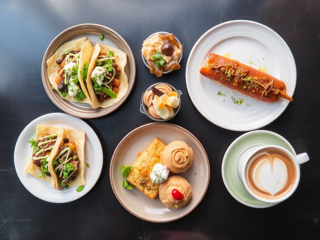 variety of small plates from local Guelph restaurants including tacos pastries and coffee