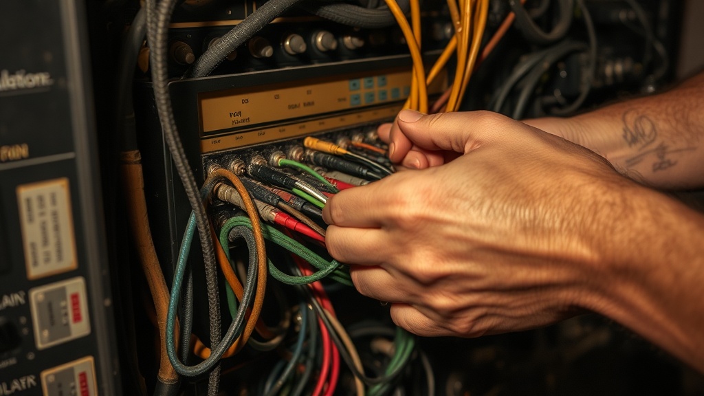 Weathered hands patching colorful cables into a complex analog patch bay