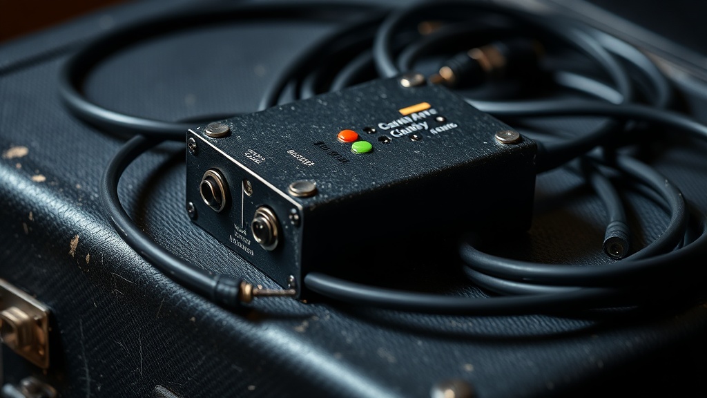 A rugged guitar cable tester box sitting on a black guitar case with coiled patch cables