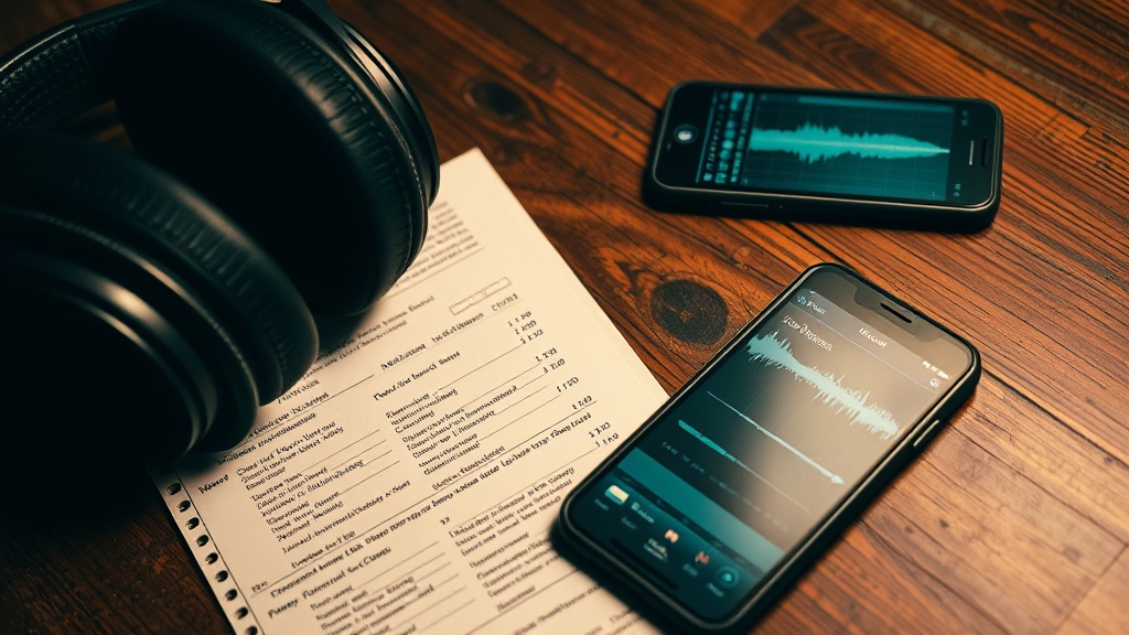 Worn studio headphones sitting on a scarred wooden table next to a smartphone showing separated audio stems.