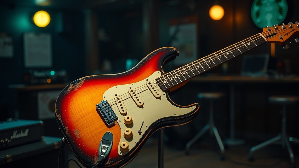 Featured image: worn single-coil guitar and pedalboard under gritty stage lights