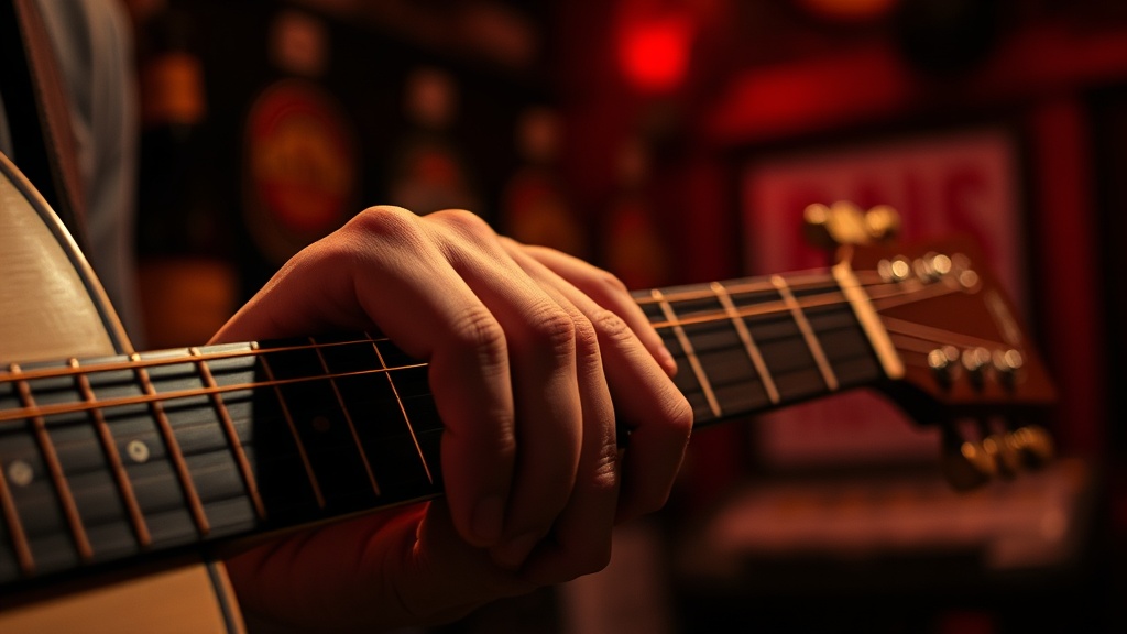 Close-up of a guitarist's hands on a fretboard in warm bar lighting