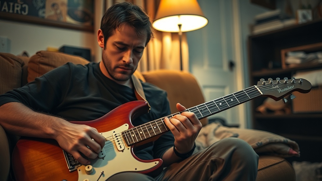 Tired guitarist running a 12-minute couch practice routine