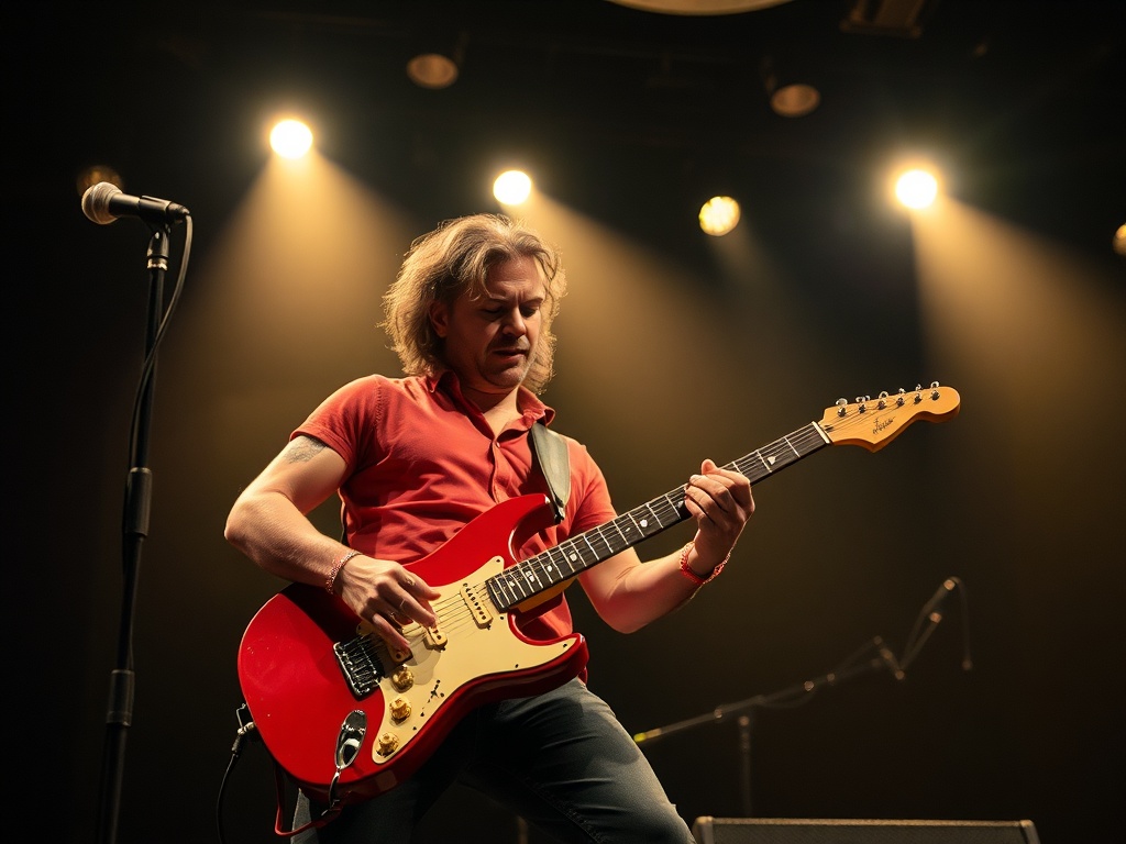 classic rock guitarist hitting tight rhythm chords under bright stage lights