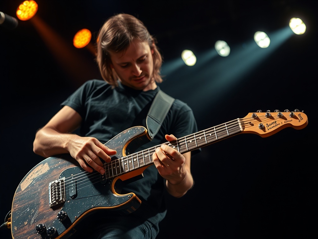 classic rock guitarist playing double stops on a worn fretboard with stage lights glowing