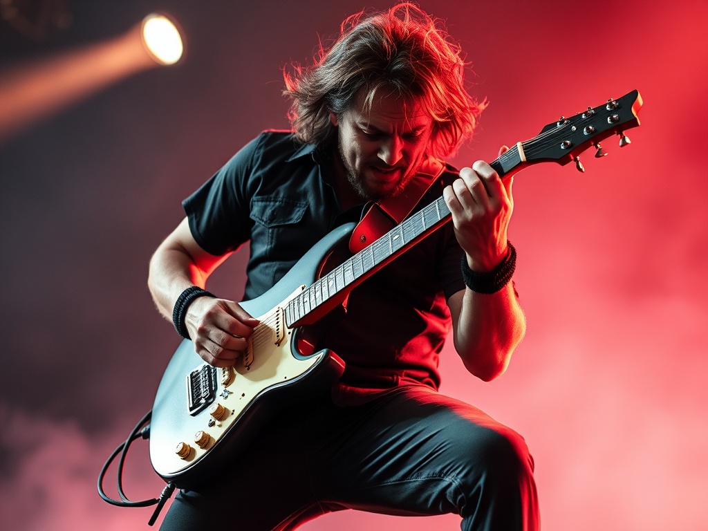 energetic guitarist playing a punchy riff with distorted tone