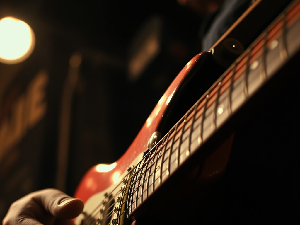 gritty close-up of a worn electric guitar playing a single-note riff under dim bar lighting
