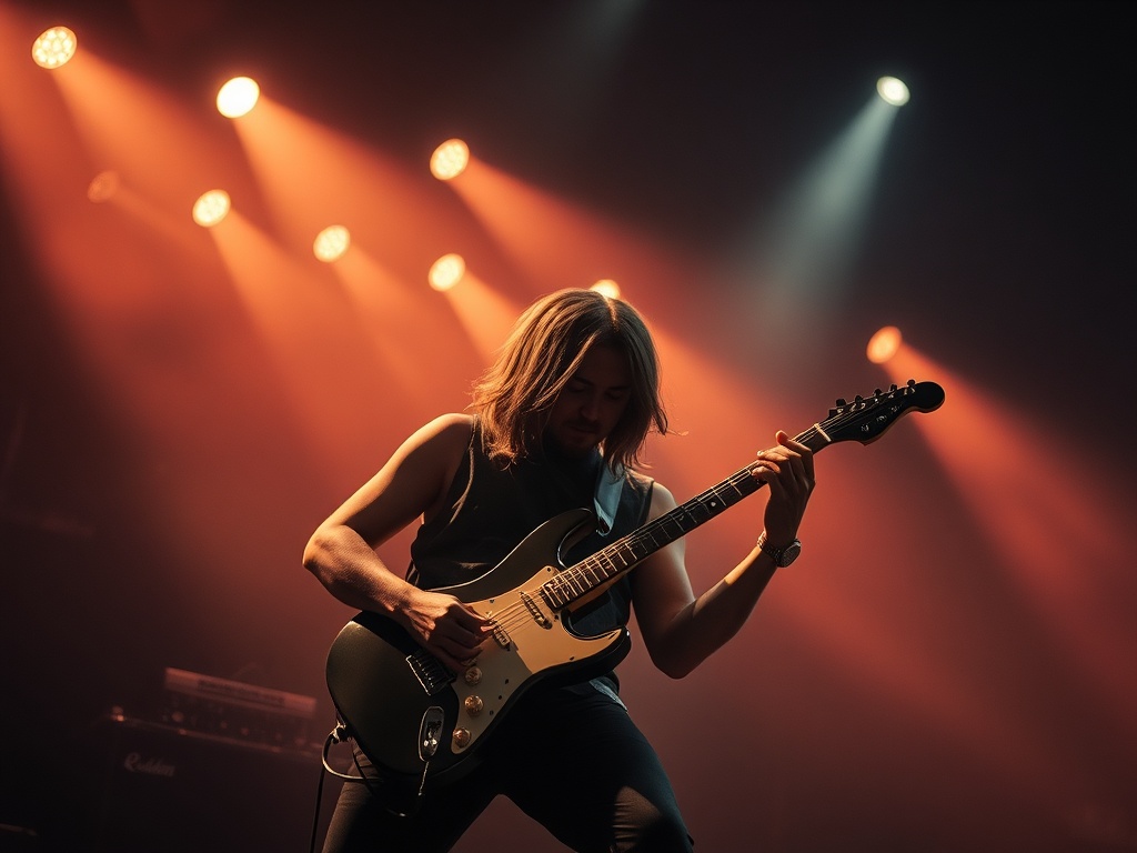 grunge-style guitarist with chorus effect, hazy stage atmosphere