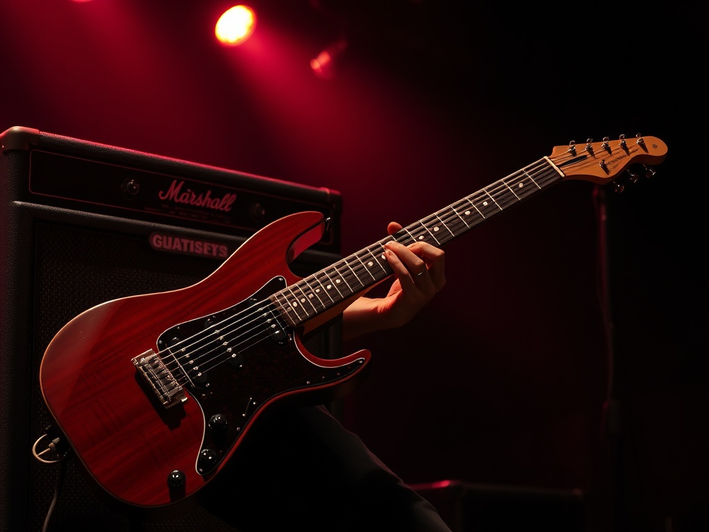 heavy guitar riff played through a cranked amp with dark stage lighting