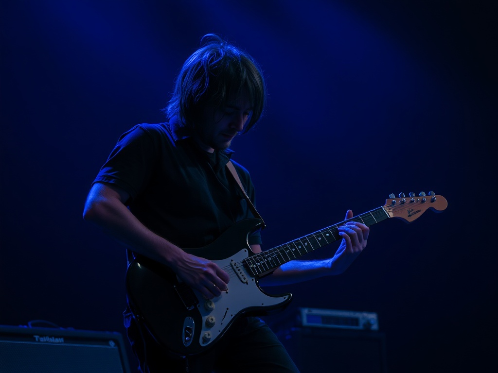 modern indie rock guitarist playing a moody riff under low blue lighting