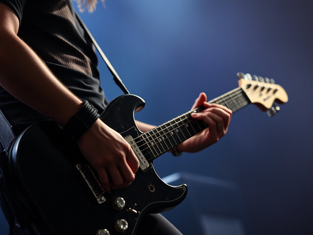 punk guitarist playing slow power chords with gritty amp tone