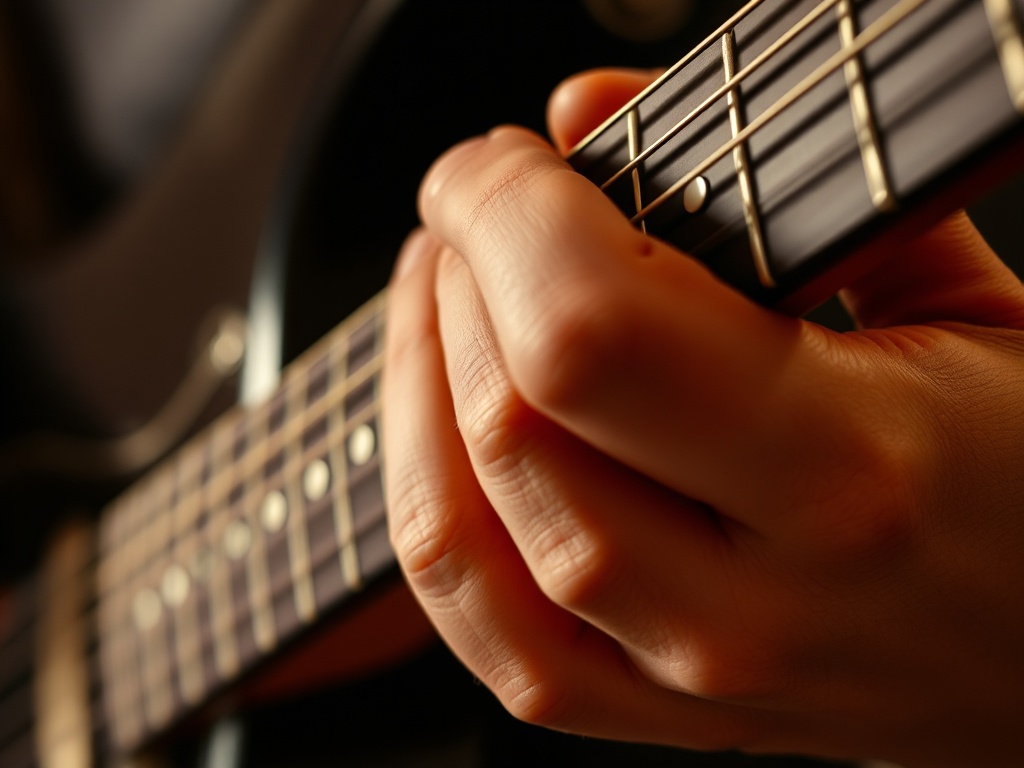 retro guitar neck close-up playing a bouncy riff with warm tones