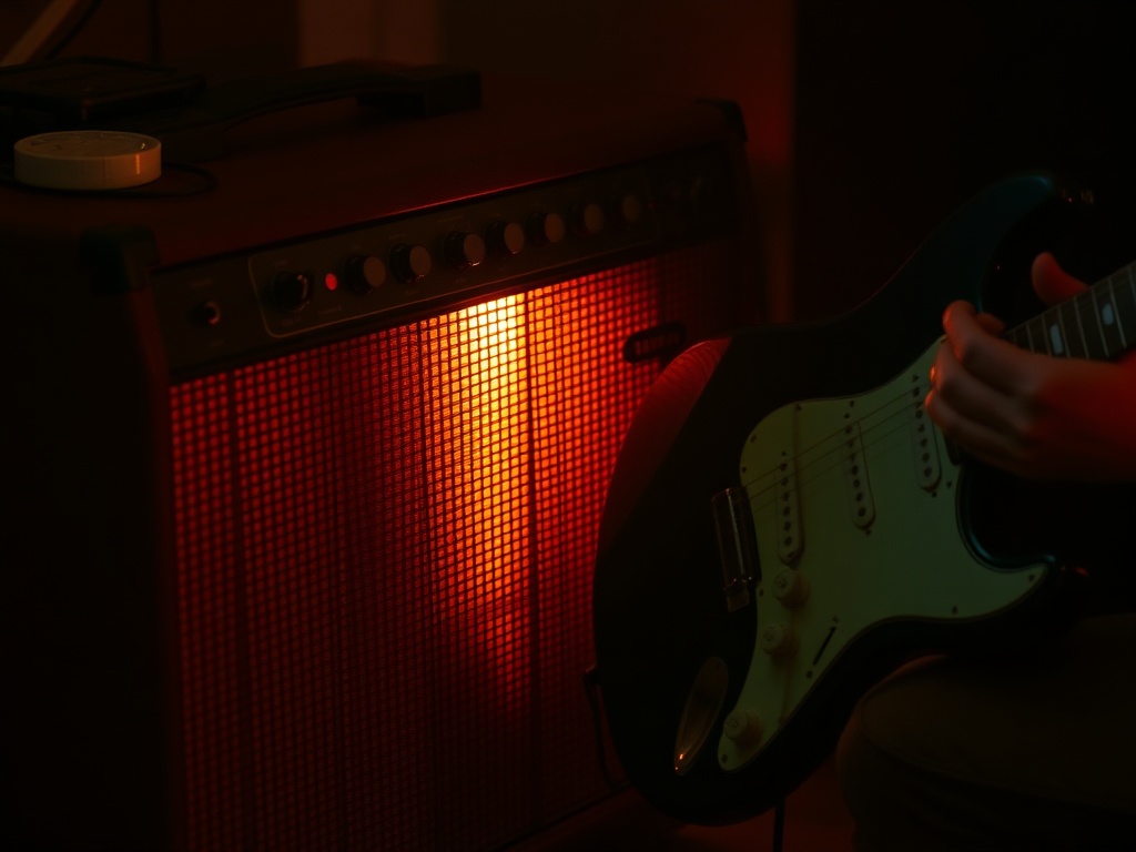 vintage amp glowing amber beside a guitar playing a bluesy riff