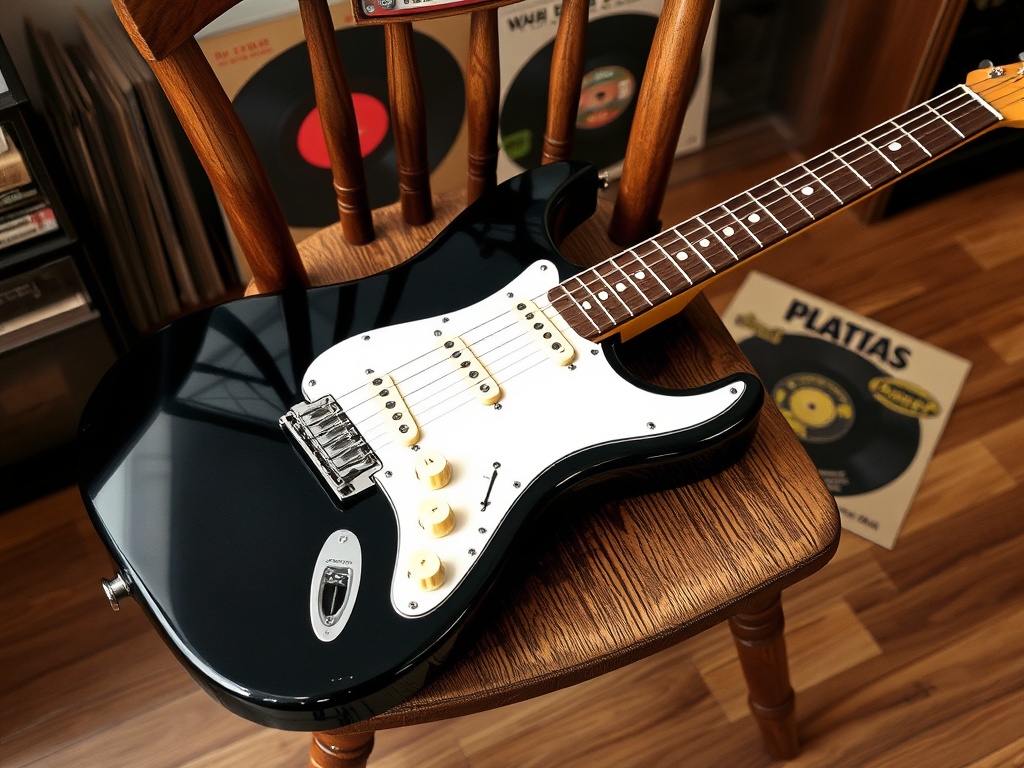 A clean electric guitar resting on a wooden chair, surrounded by vintage records