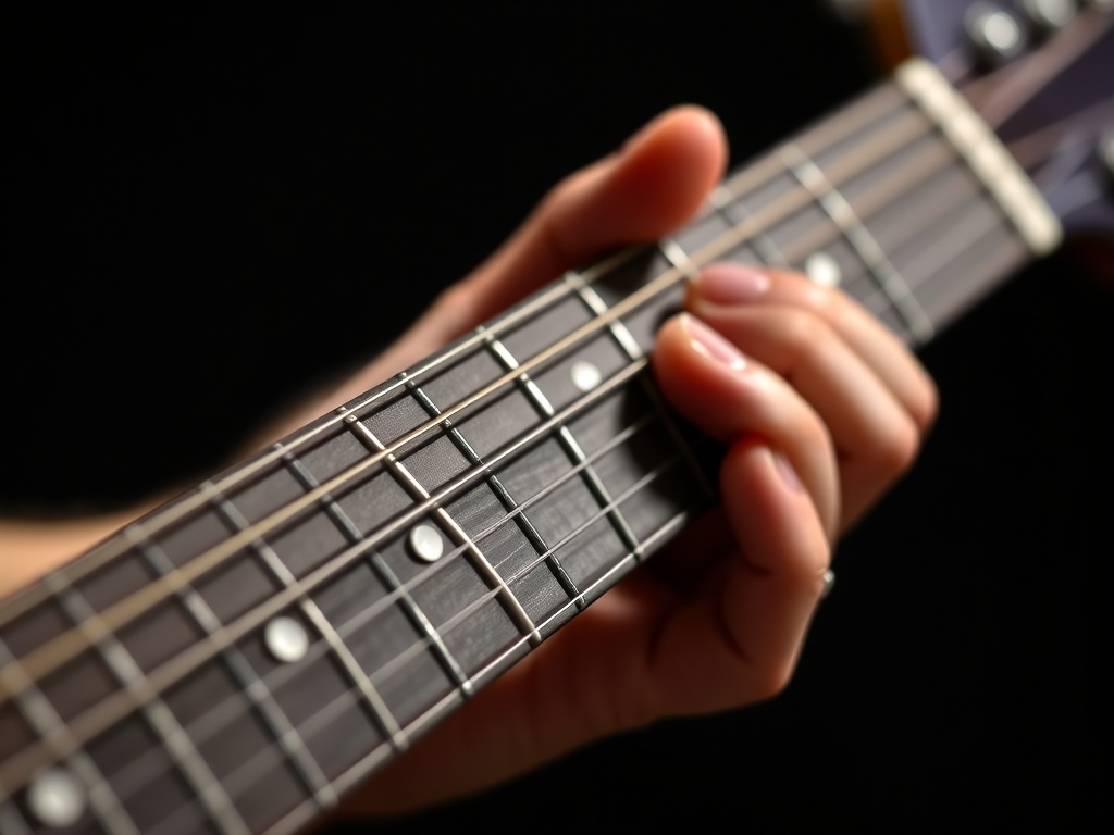 A close-up of fingers on a guitar neck, playing the classic 'Smoke on the Water' riff