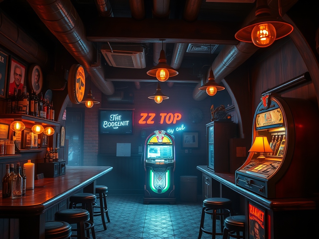 A dusty bar scene with ZZ Top music playing on the jukebox