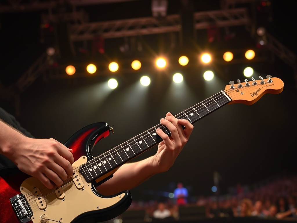 A guitar solo in progress with heavy bends, frets lit up against a backdrop of a concert stage