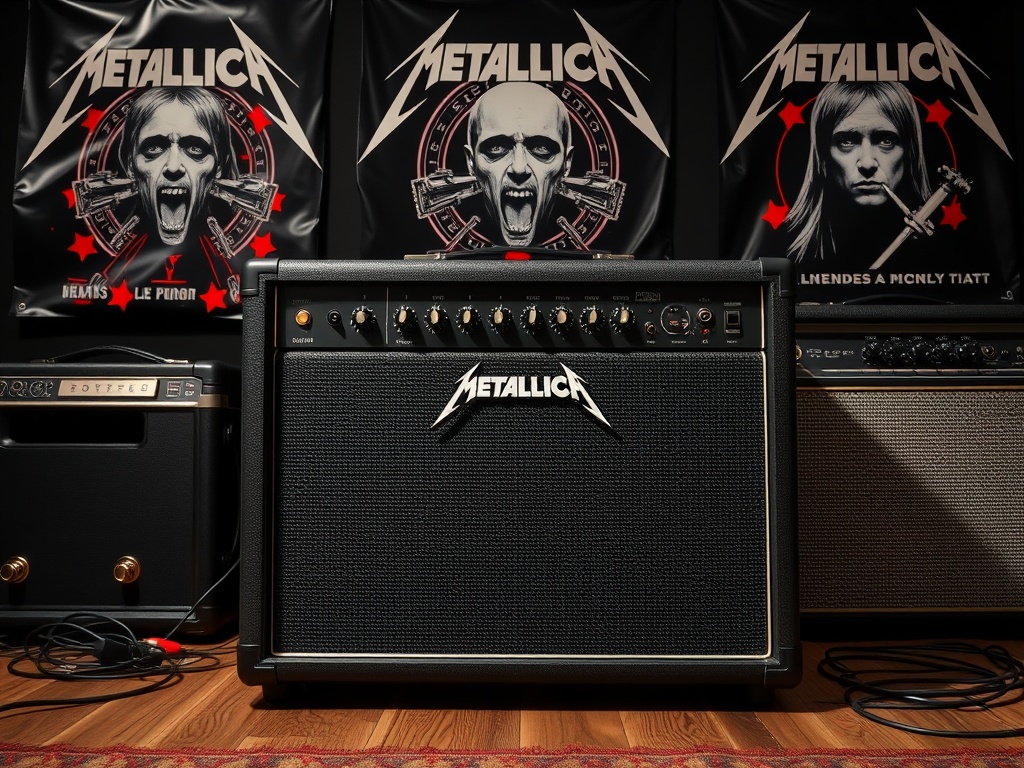A heavy guitar amplifier with Metallica posters in the background